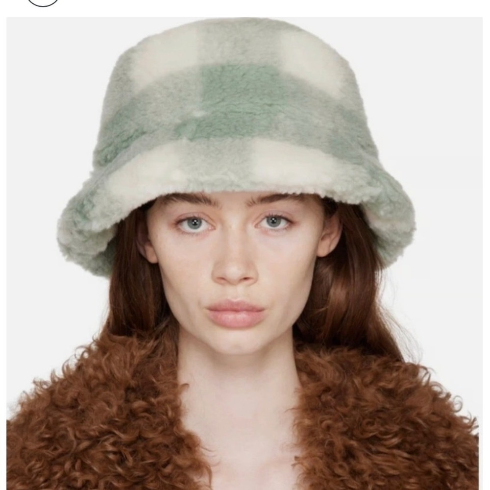 STAND STUDIO NWT Wera Faux Fur Check‎ Bucket Hat Mint Off White Size S